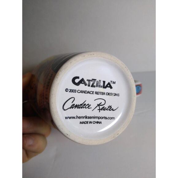 Catzilla Coffee Tea Mug Candace Reiter Designs Fish In Mouth Cats Vintage 2003 - Picture 8 of 8